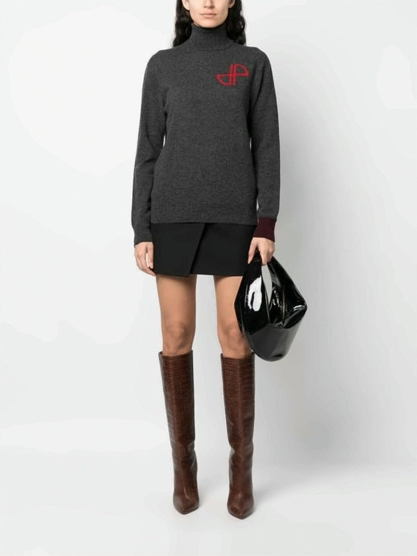 Patou Charcoal Grey Cashmere-Wool Blend Turtleneck Sweater With Burgundy Accents