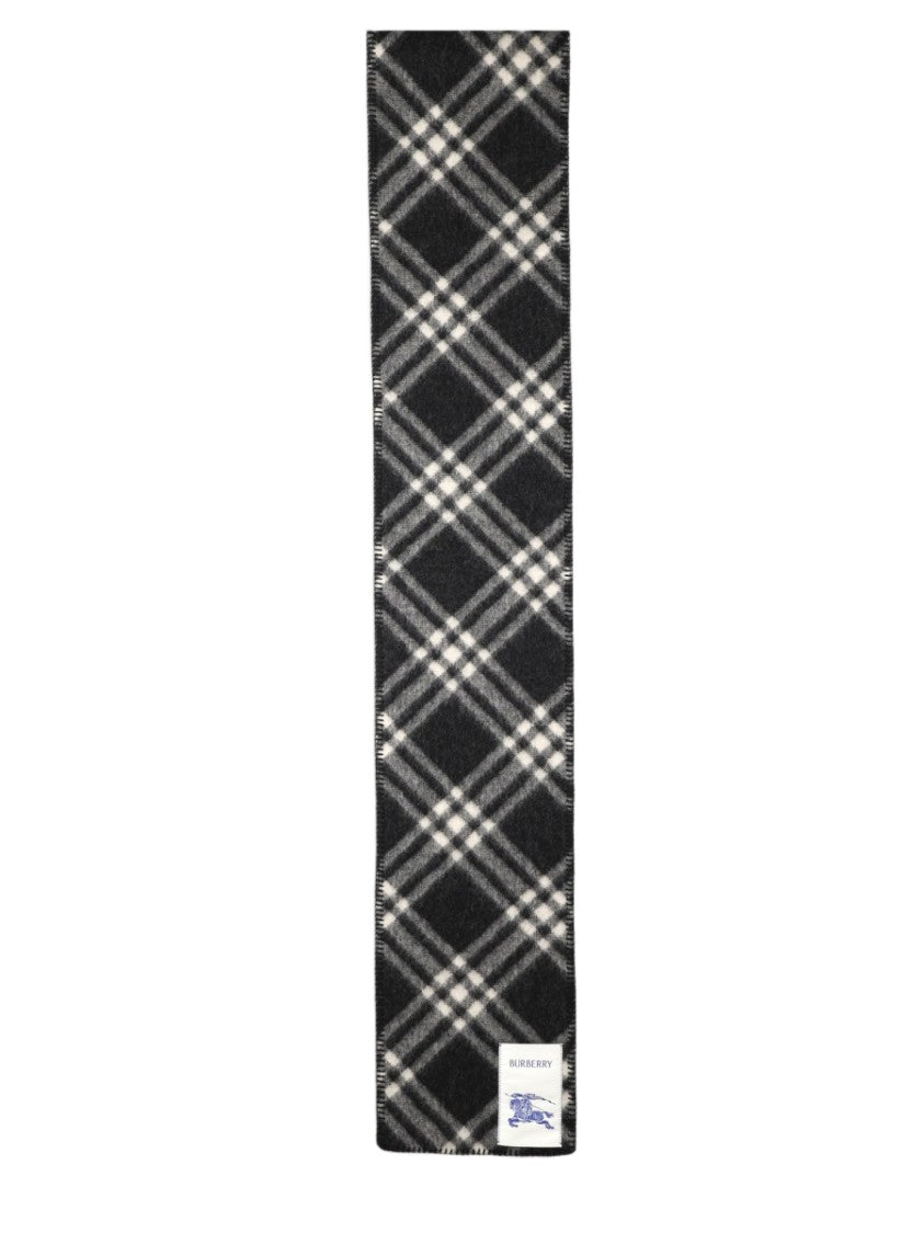 Burberry Black White Grey Plaid Wool Scarf