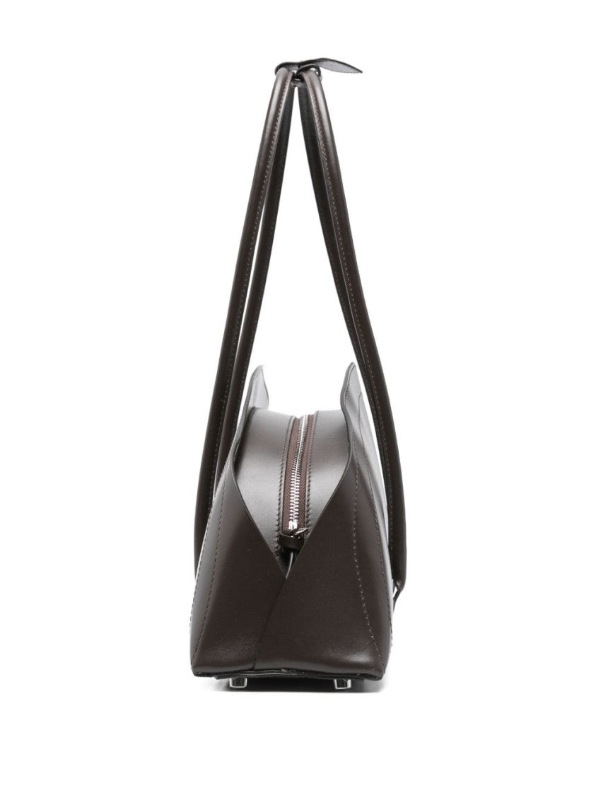 Federico Cina Curved Brown Leather Handbag With Elongated Handles