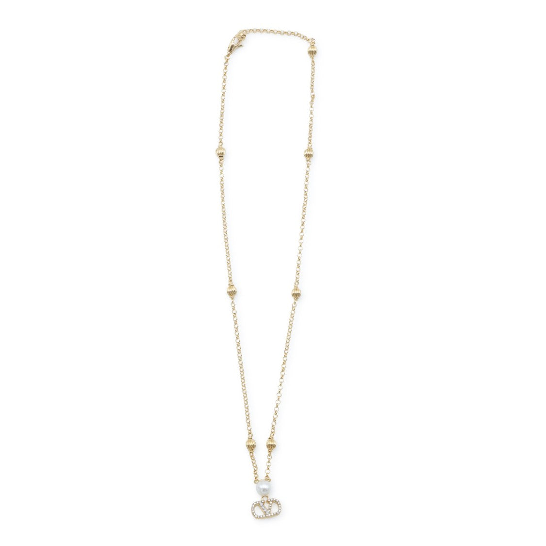 Valentino Garavani Gold Pearl Logo Pendant Metal Necklace