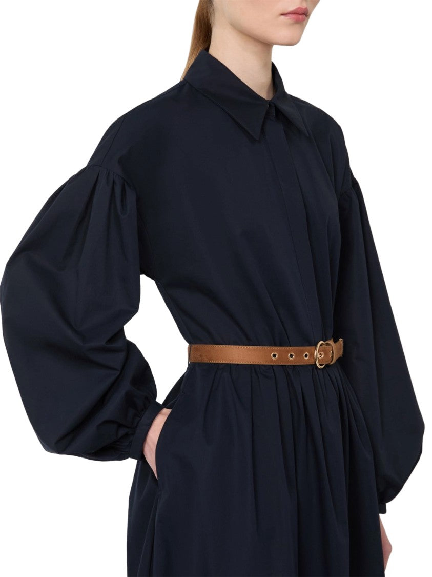 Max Mara Black Midi Dress With Puff Sleeves And Brown Belt