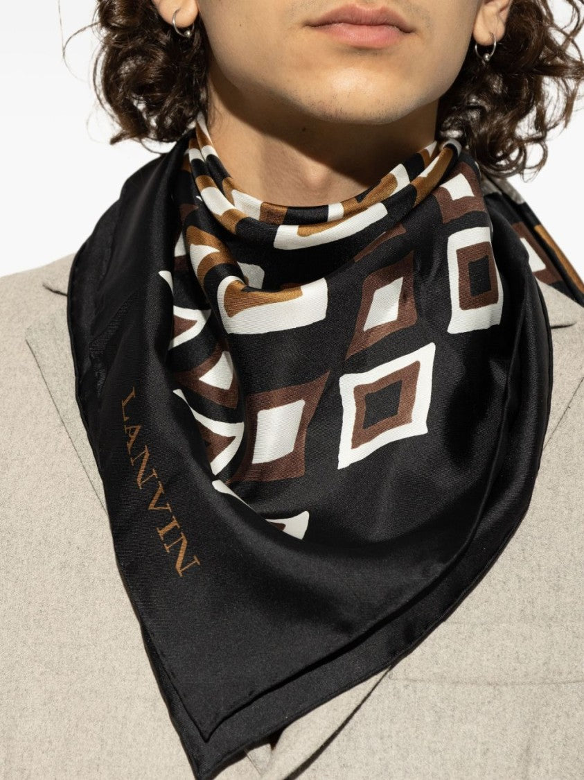 Lanvin Black Geometric Logo Square Silk Scarf