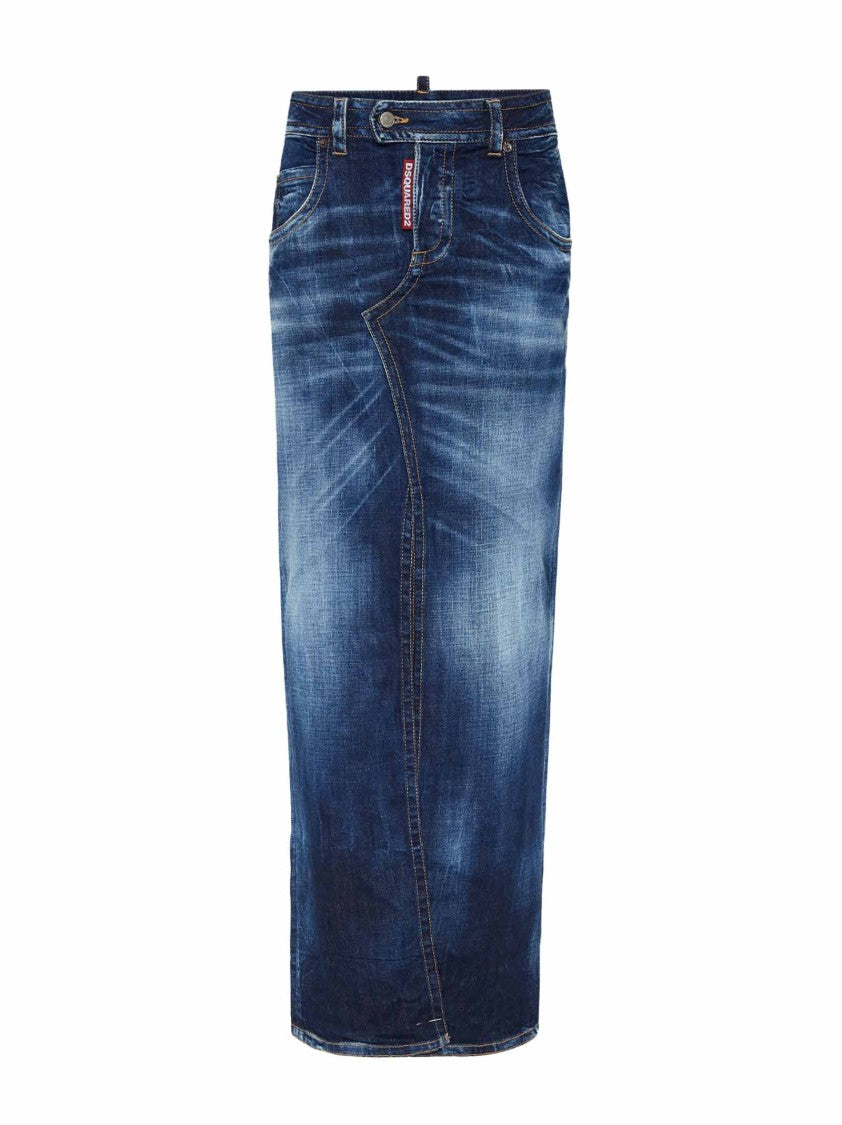 Dsquared2 Medium Wash Denim Maxi Skirt With Front Split