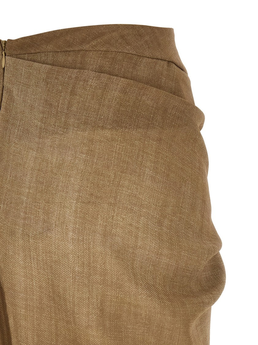 Ermanno Scervino Sand Denim Print Midi Skirt With Crinkled Waist And Asymmetrical Hem