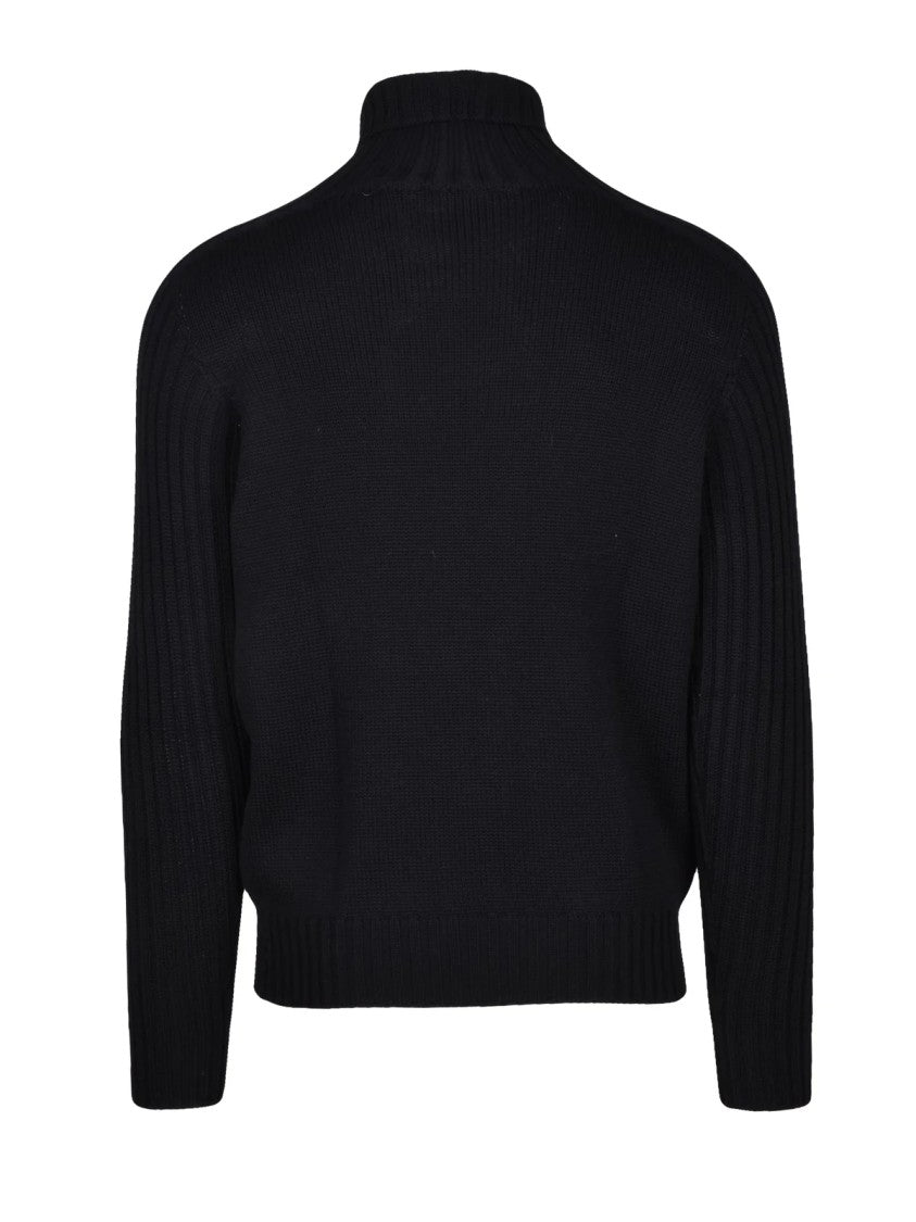 Gran Sasso Ribbed Black Virgin Wool Crew Neck Sweater