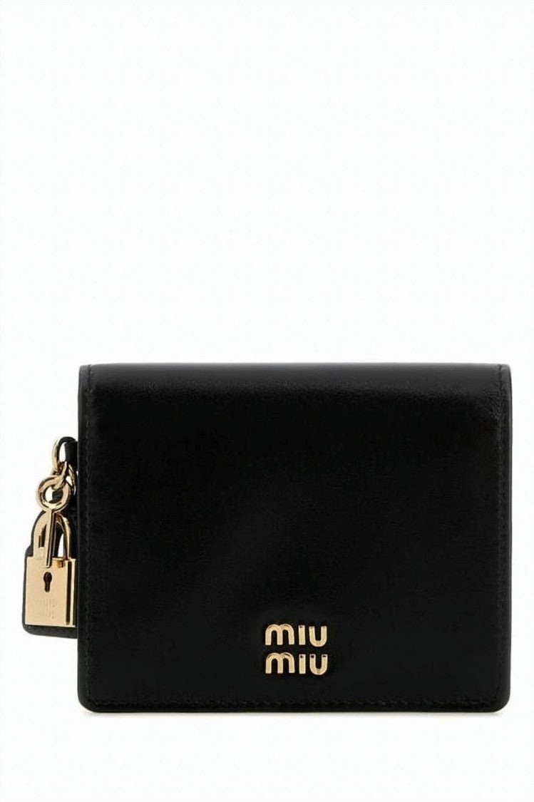Miu Miu Rectangular Black Calf Leather Wallet With Gold-Tone Charm