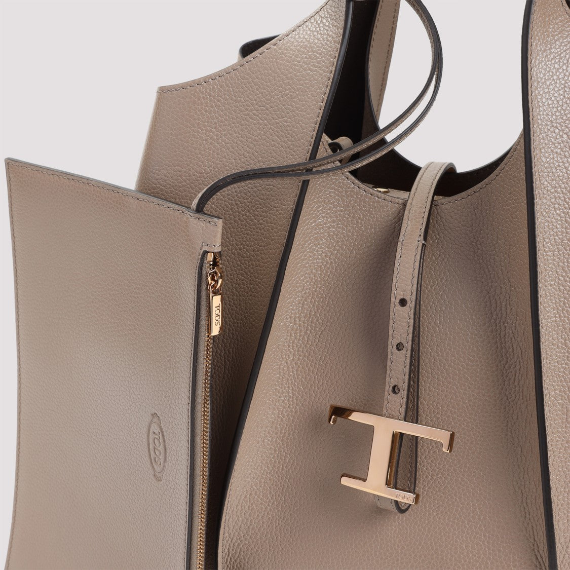 Tod's Light Clay Beige Grained Leather T Timeless Medium Shopping Bag