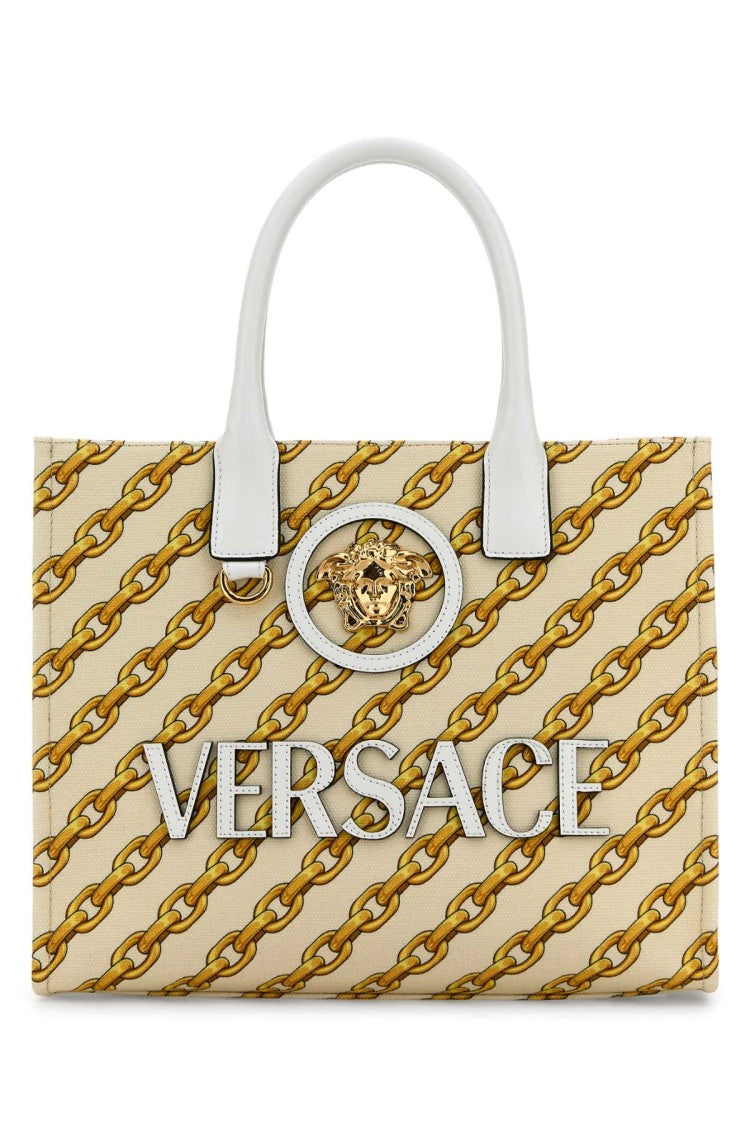 Versace Printed Canvas Small Chain Stripes La Medusa Shopping Bag