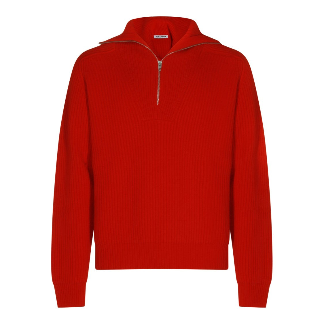 Jil Sander Red Wool Knit Sweater With High Zipped Collar And Ribbed Details