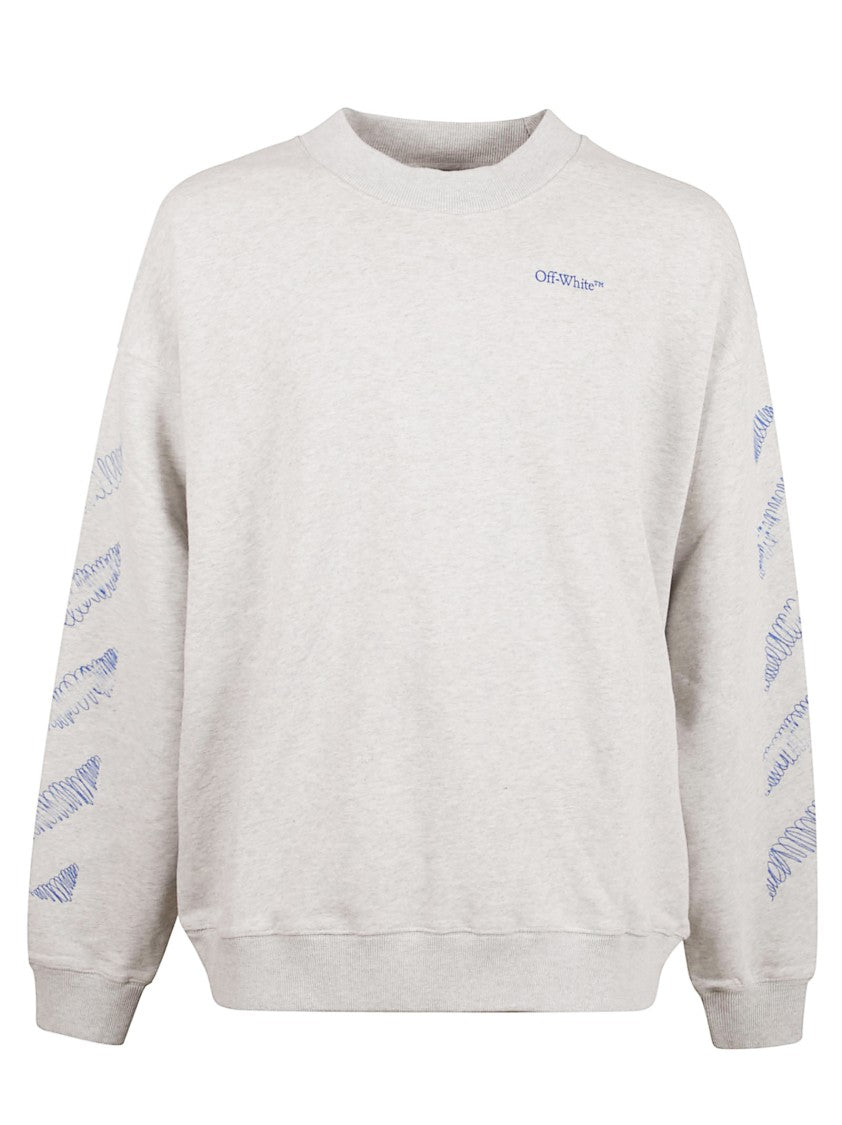 Off-White Grey Cotton Sweater With Embroidered Details And Artistic Motif