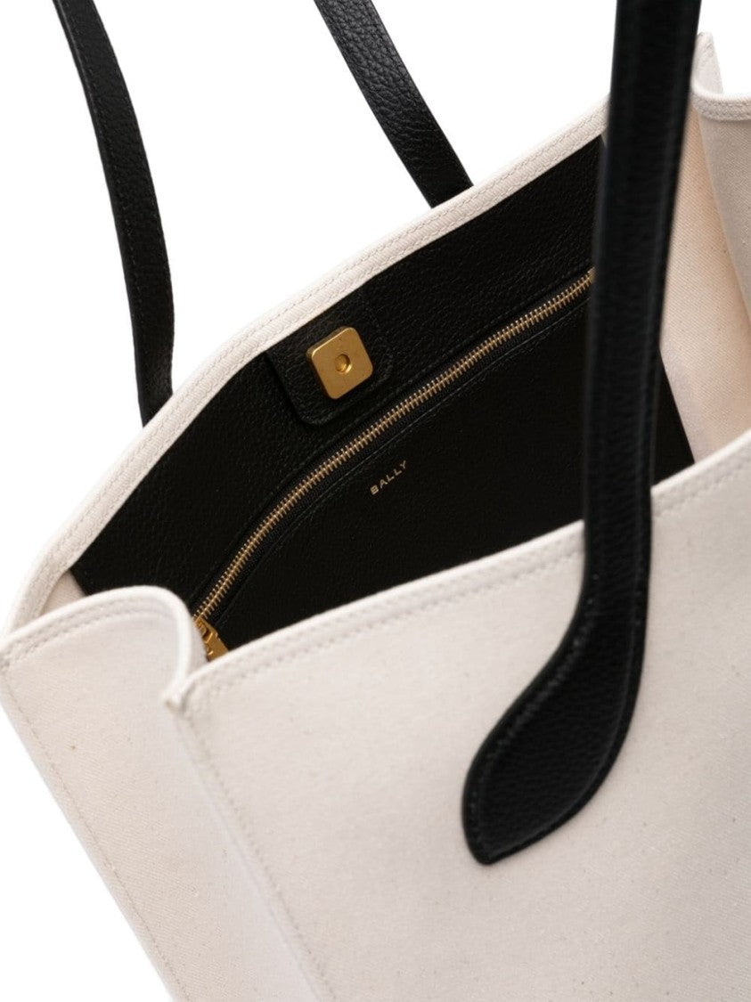 Bally Spacious Beige Canvas Tote With Black Leather Accents