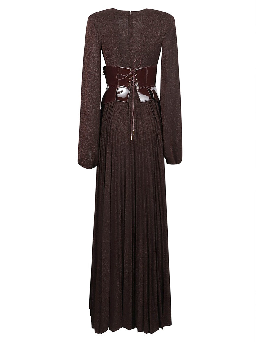 Elisabetta Franchi Red Carpet Deep V-Neck Corset Belt Maxi Dress