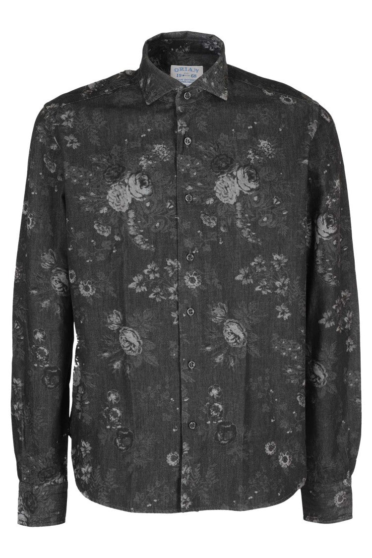 Orian Black Floral Denim Casual Shirt