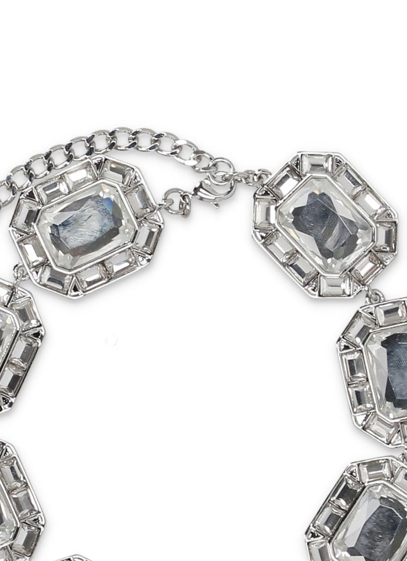 Self-Portrait Geometric Silver Necklace With Rectangular Crystal Accents