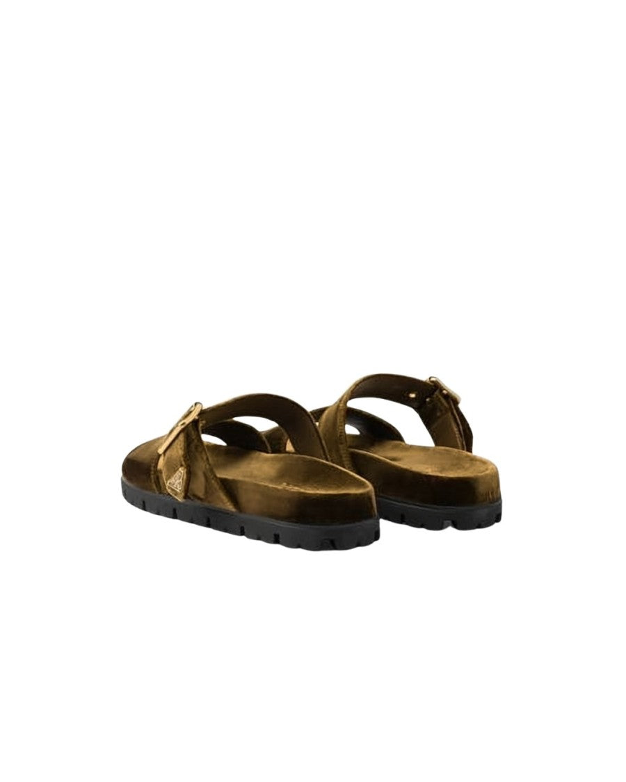 Prada Brown Velvet Mules With Gold-Tone Buckles