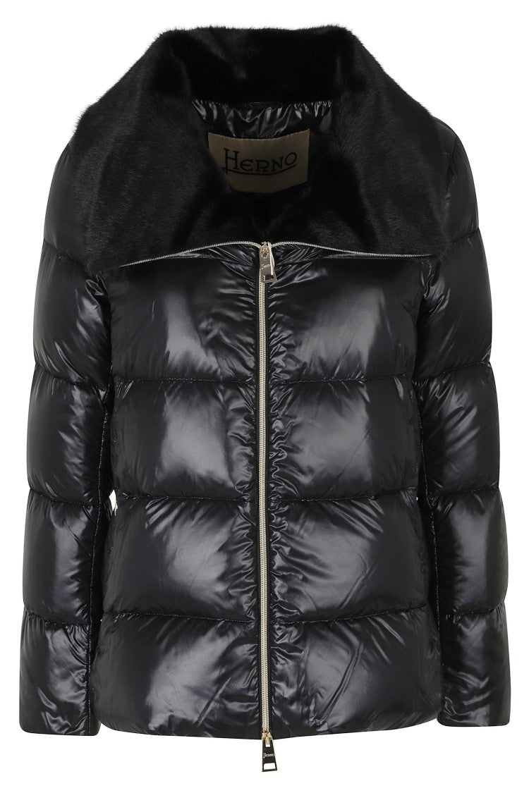 Herno Black Faux Fur Wide Lapel Collar Polyamide Down Jacket