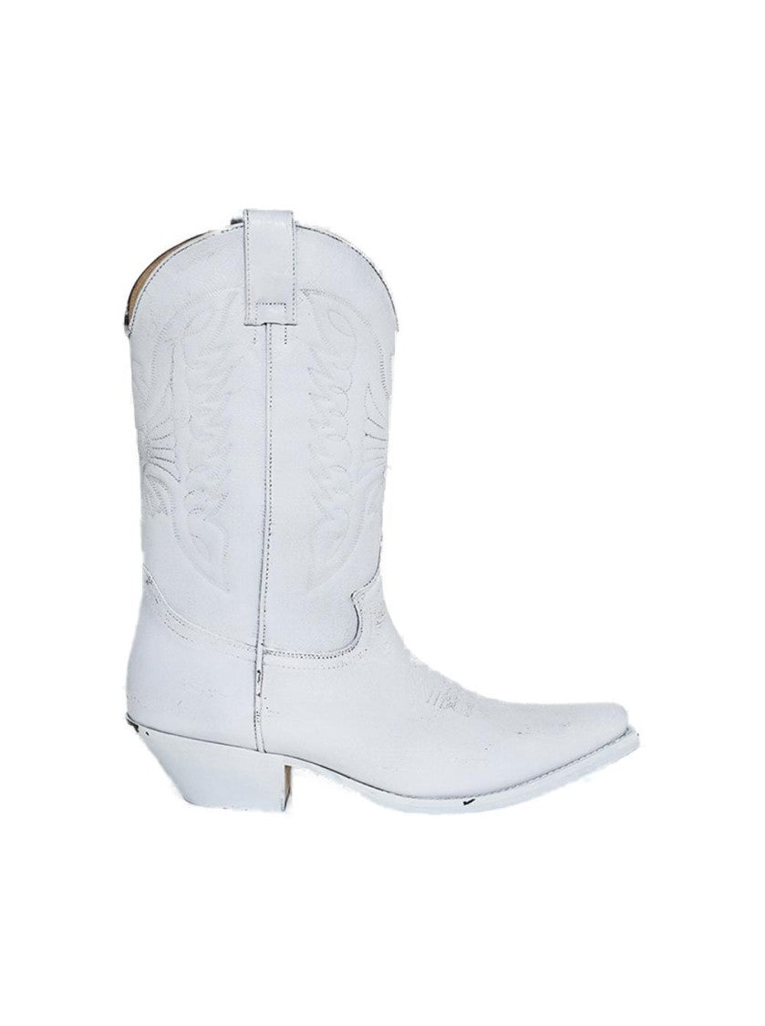 Mm6 By Maison Margiela Pointed Toe Leather Boots With Embroidery And Stacked Cuban Heel