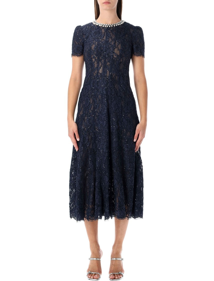 Self-Portrait Self-Portrait Navy Lace Midi Dress With Pearl