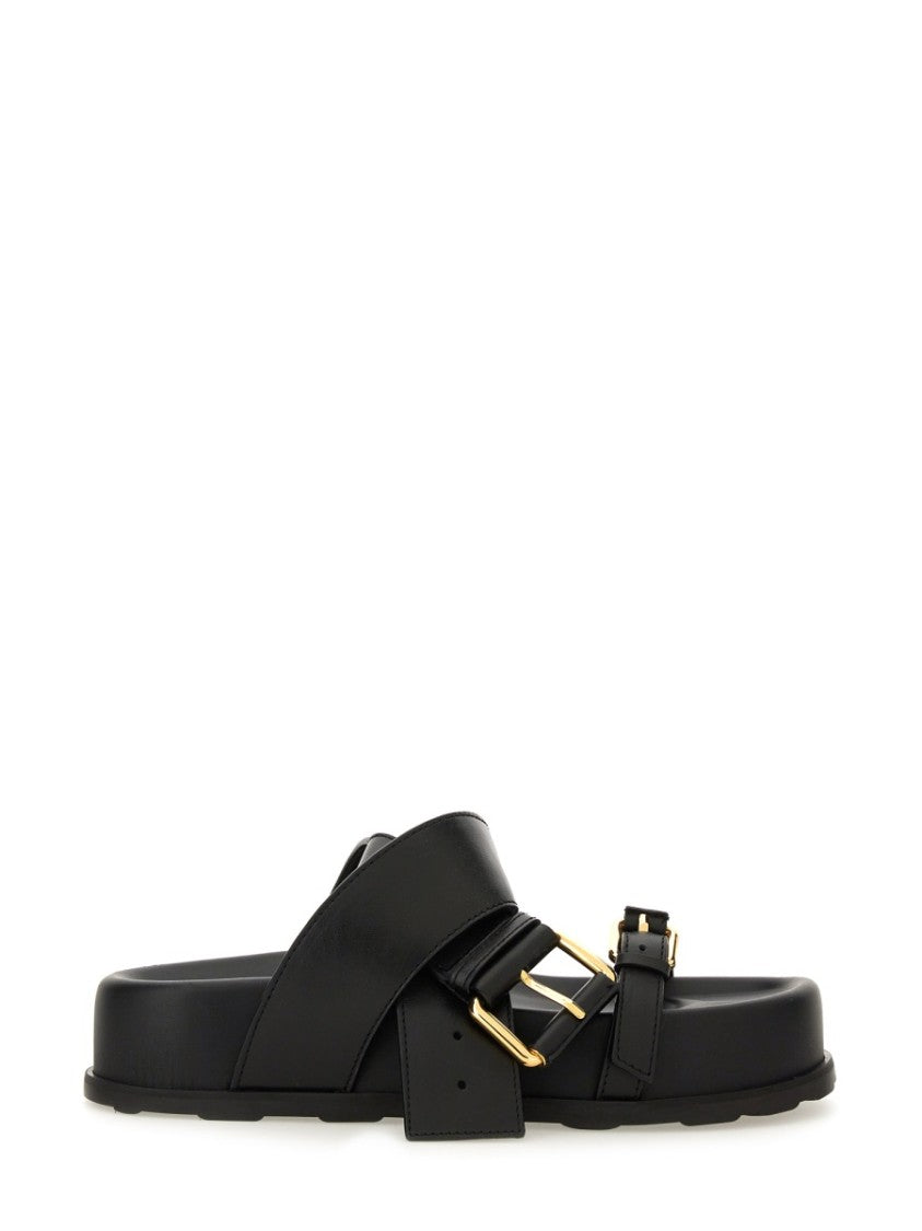 Moschino Black Leather Sandal With Woven Buckle Detail