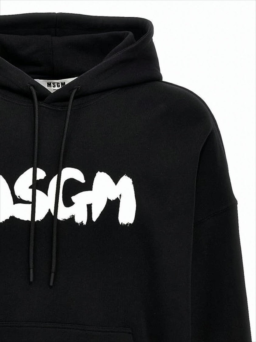 Msgm Black Hoodie With Bold Brushstroke Logo And Relaxed Fit