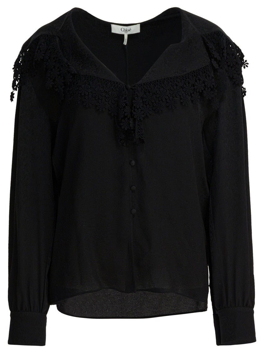 Chloé Lace Collar Blouse In Soft Cotton-Polyester Blend