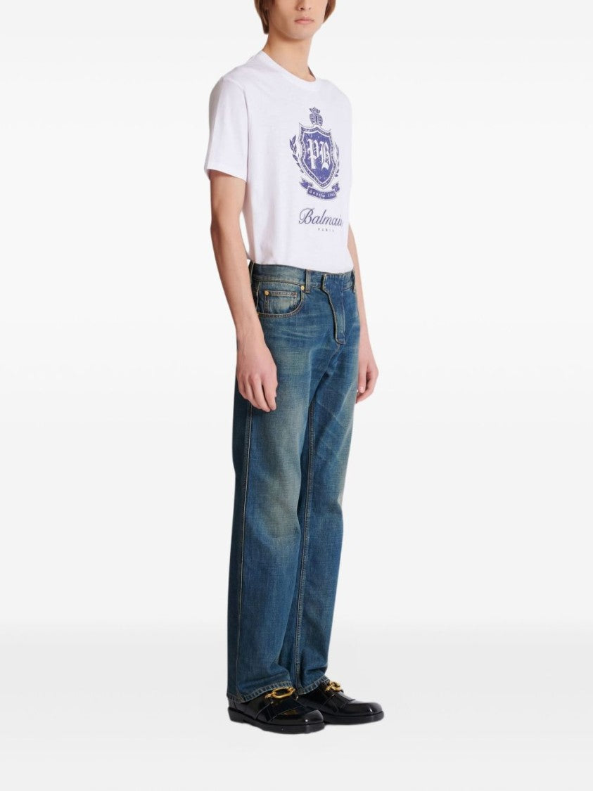 Balmain Washed Dark Blue Gold-Hardware Straight-Leg Jeans