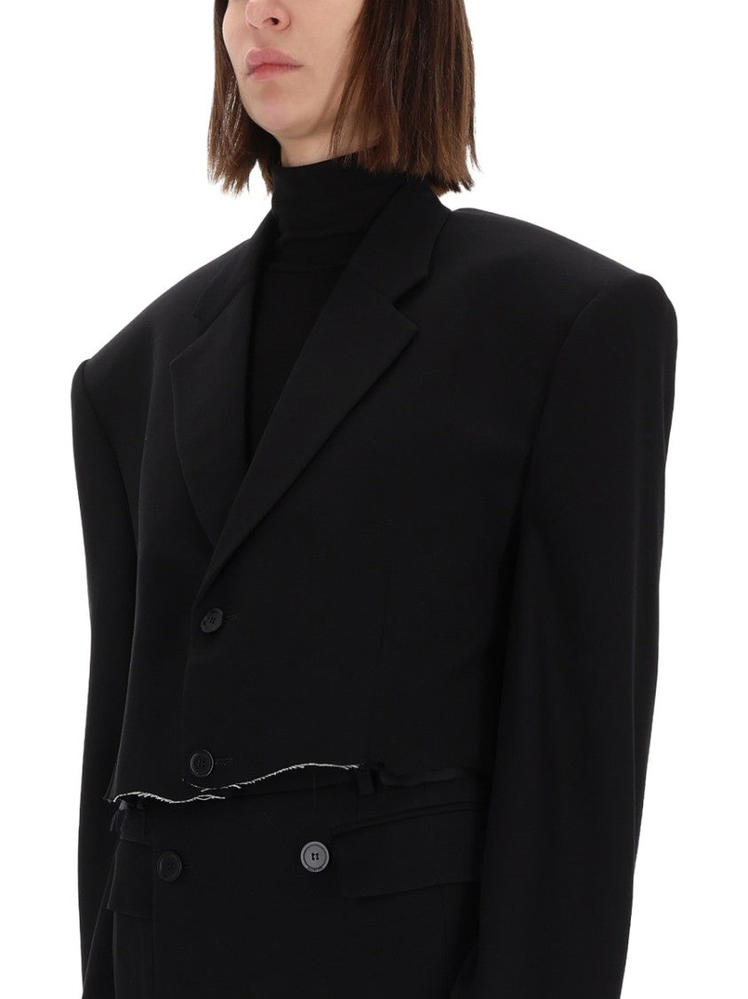 Balenciaga Single Breasted Cropped Jacket With Broad Shoulders And Raw Hemline
