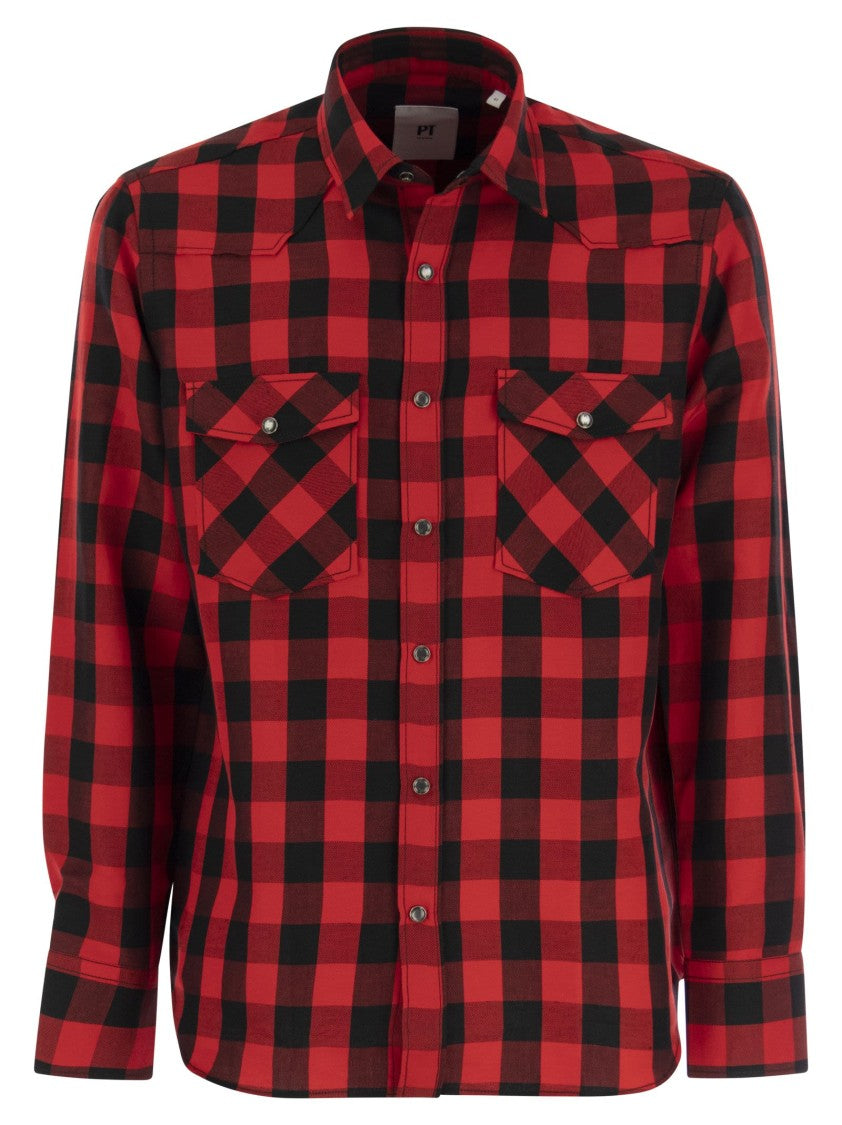 Pt Torino Checked Shirt In Cotton And Linen Blend