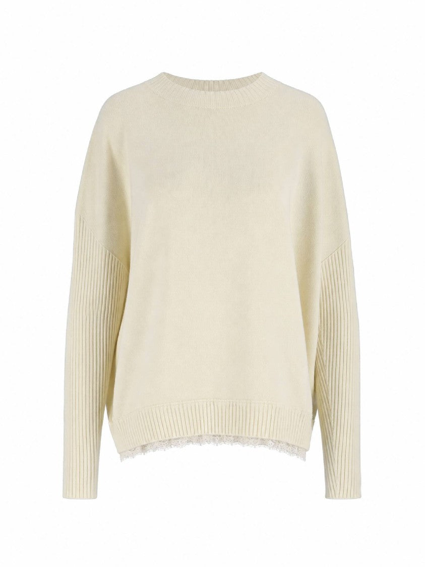 Ermanno Scervino Soft Knit Lace Trim Ribbed Sweater