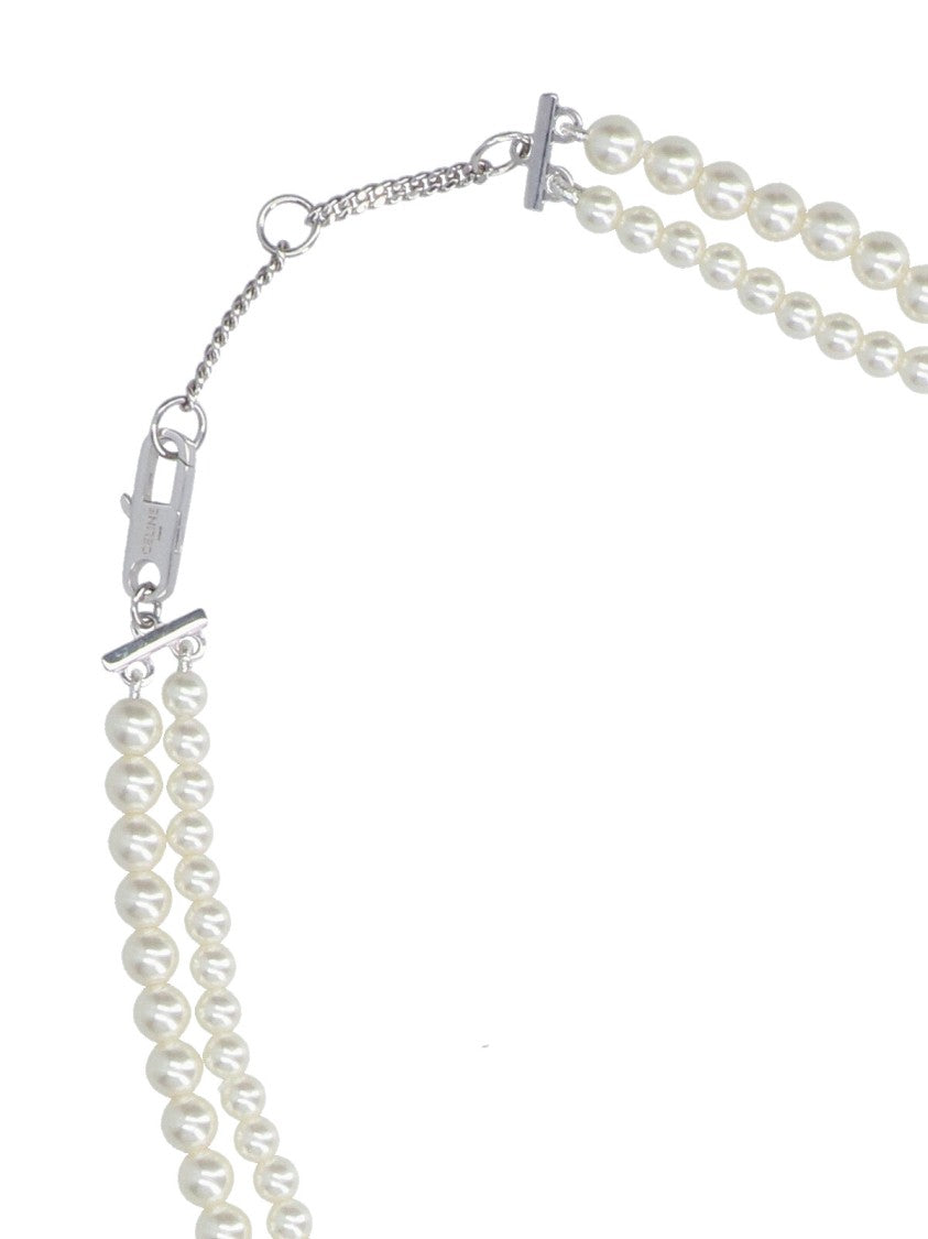 Céline Double-Strand Glass Pearl Necklace With Silver-Toned Charm