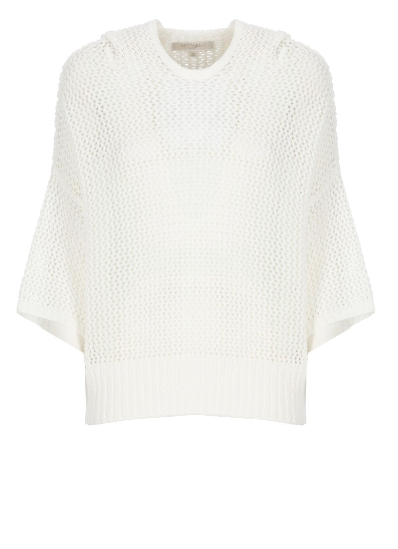 Antonelli Perforated White Cotton Sweater With Relaxed Fit