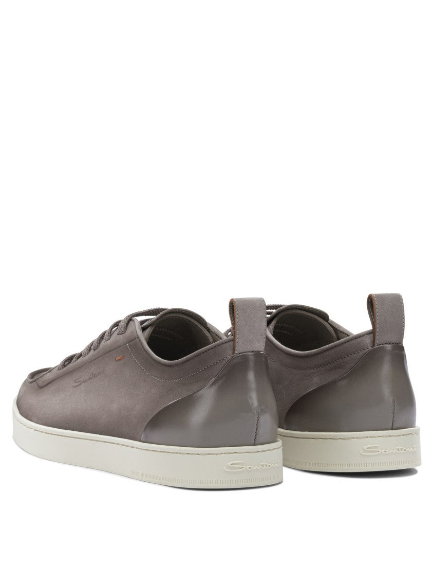 Santoni Muted Taupe Leather Slip-On Sneakers With Contrasting Sole