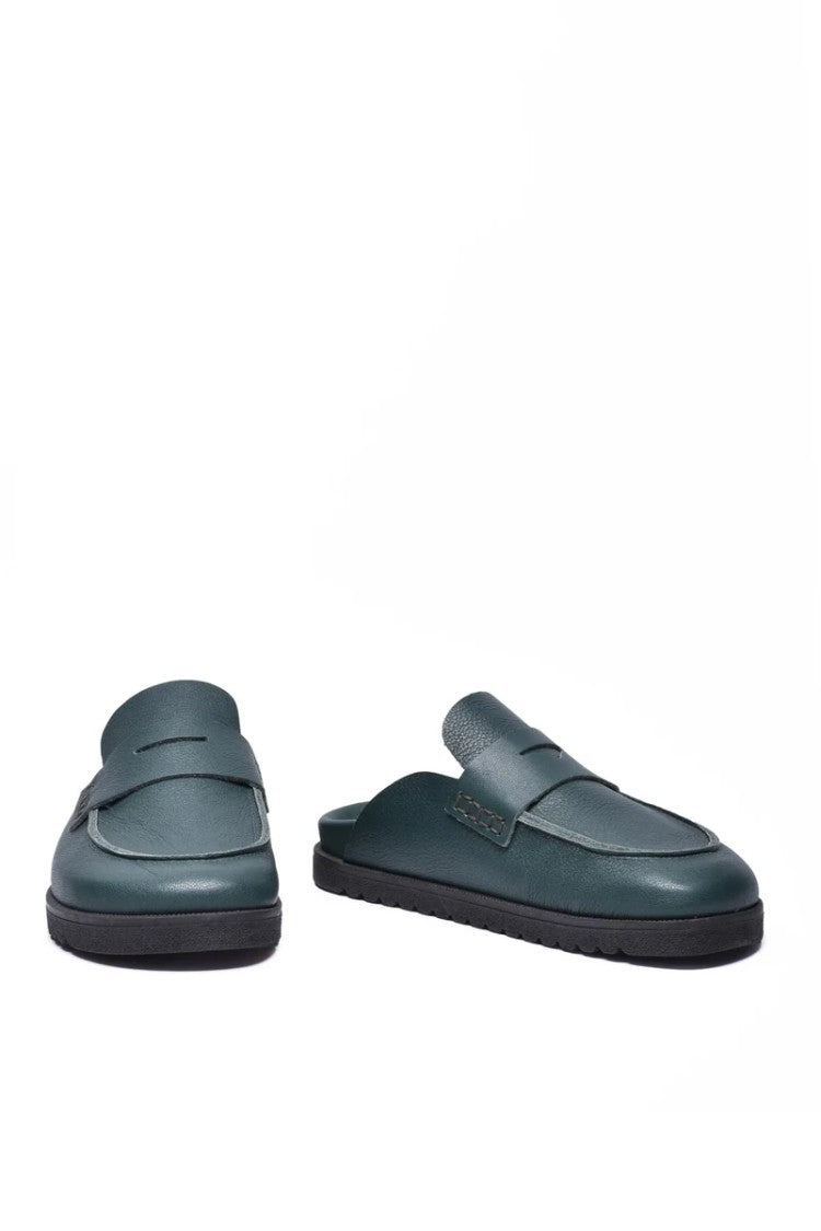 Officine X Post Green Leather Penny Loafer Mules