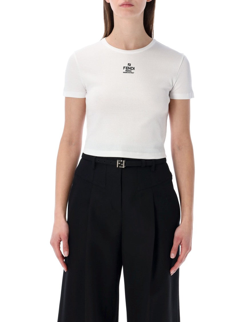Fendi Cropped Slim Fit Ribbed Cotton T-Shirt With Embroidered Logo