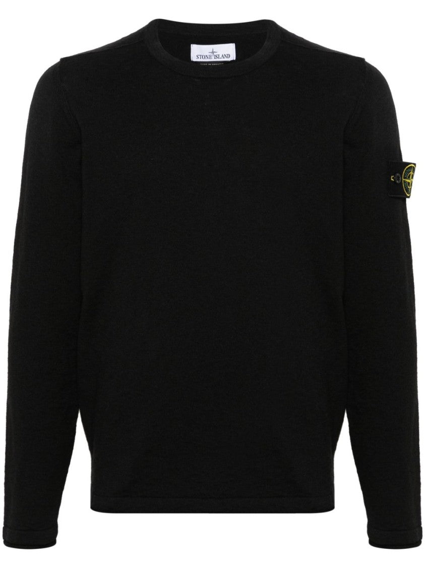 Stone Island Minimalist Black Crew Neck Sweater With Iconic Patch