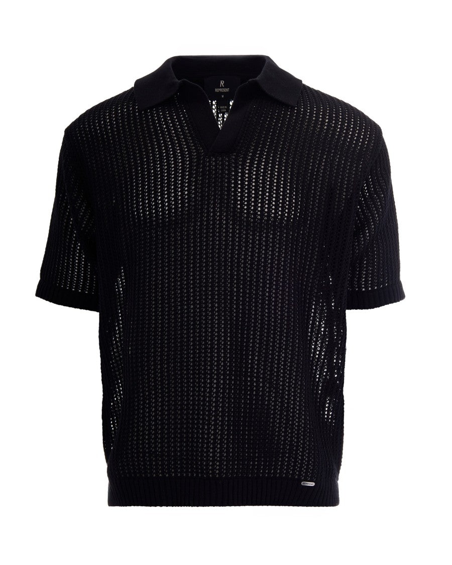 Represent Open-Knit Jet Black Polo Shirt With Stylish Details