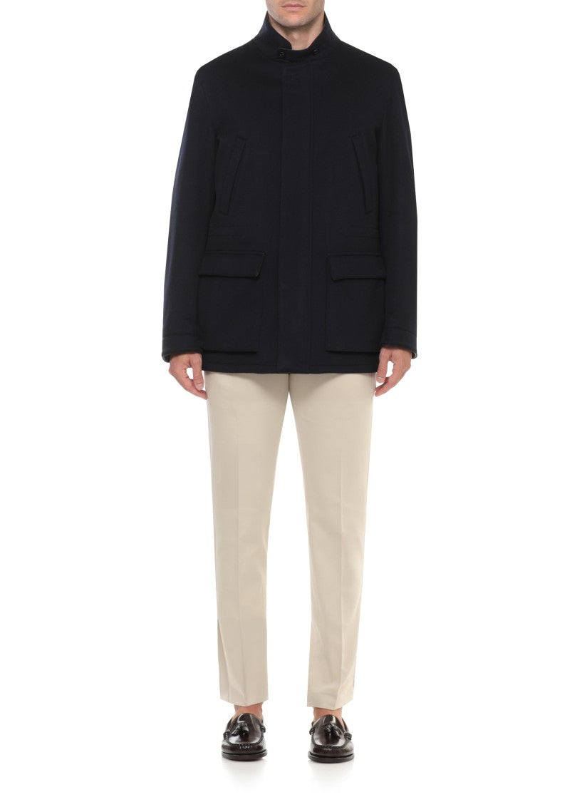 Lardini Dark Blue High-Neck Wool-Blend Coat