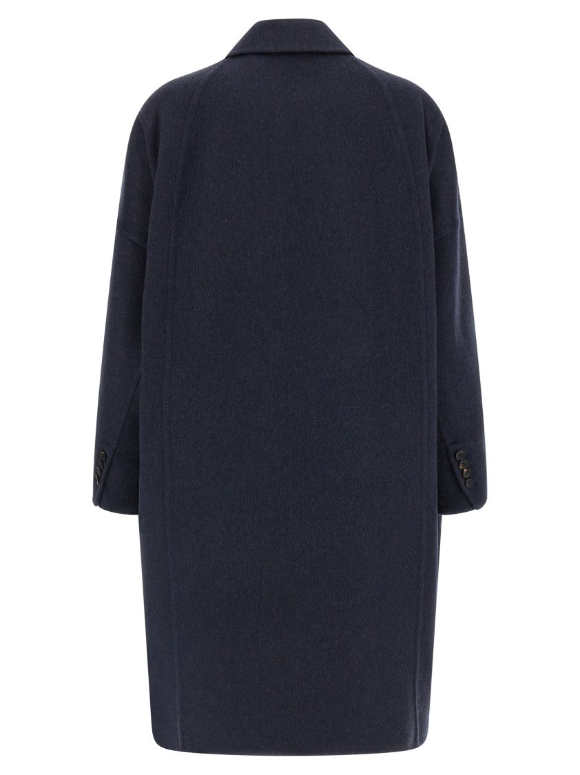 Brunello Cucinelli Double-Breasted Black Cashmere Coat With Peak Lapels