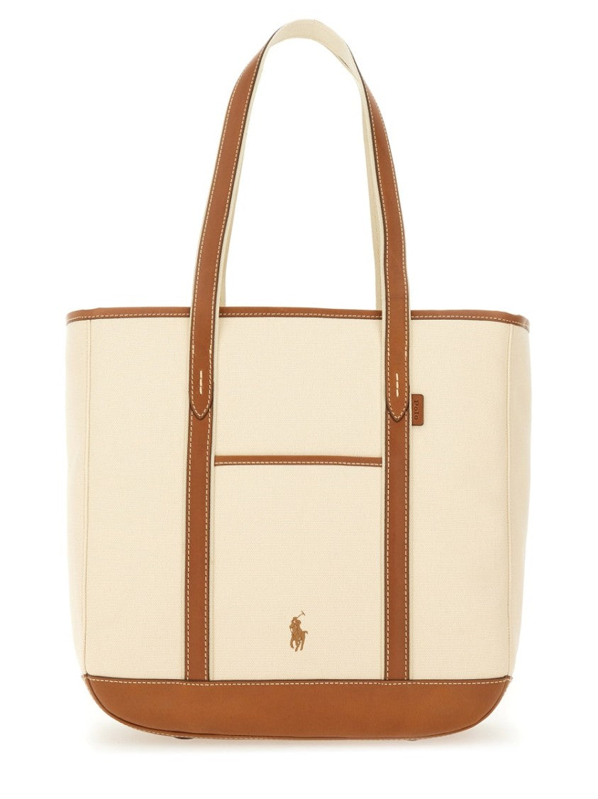 Polo Ralph Lauren Structured Tote Bag With Cream Canvas And Brown Leather Accents