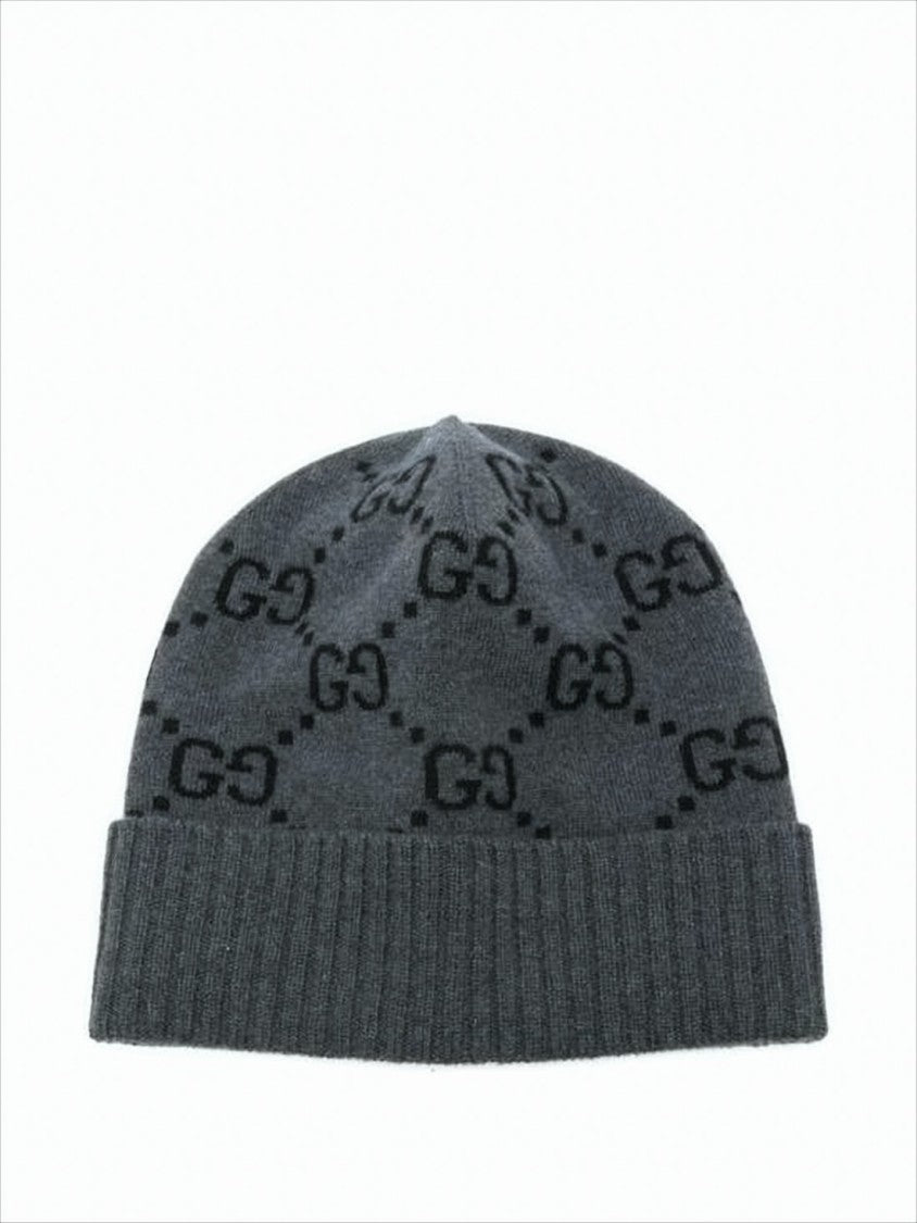 Gucci Jacquard Grey Cashmere Beanie With Ribbed Cuff