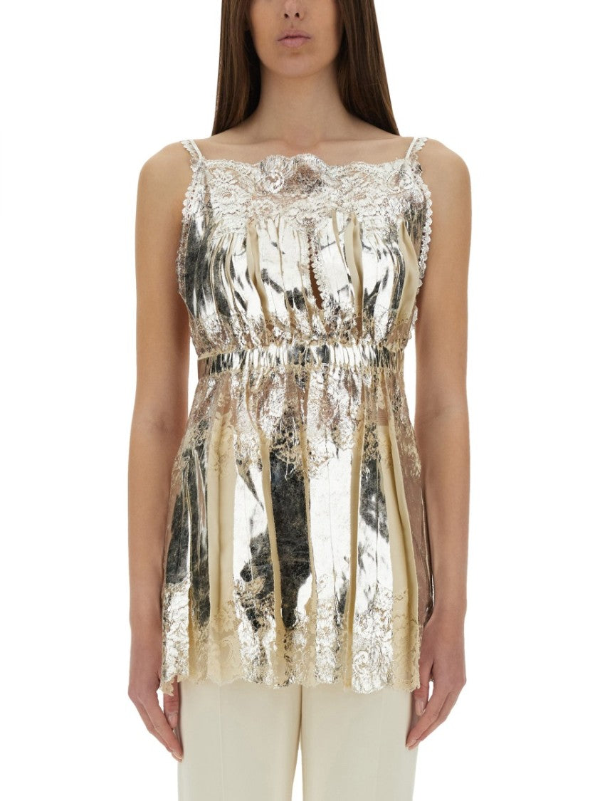 Rabanne Laminated Pleated Satin Top With Lace Detail