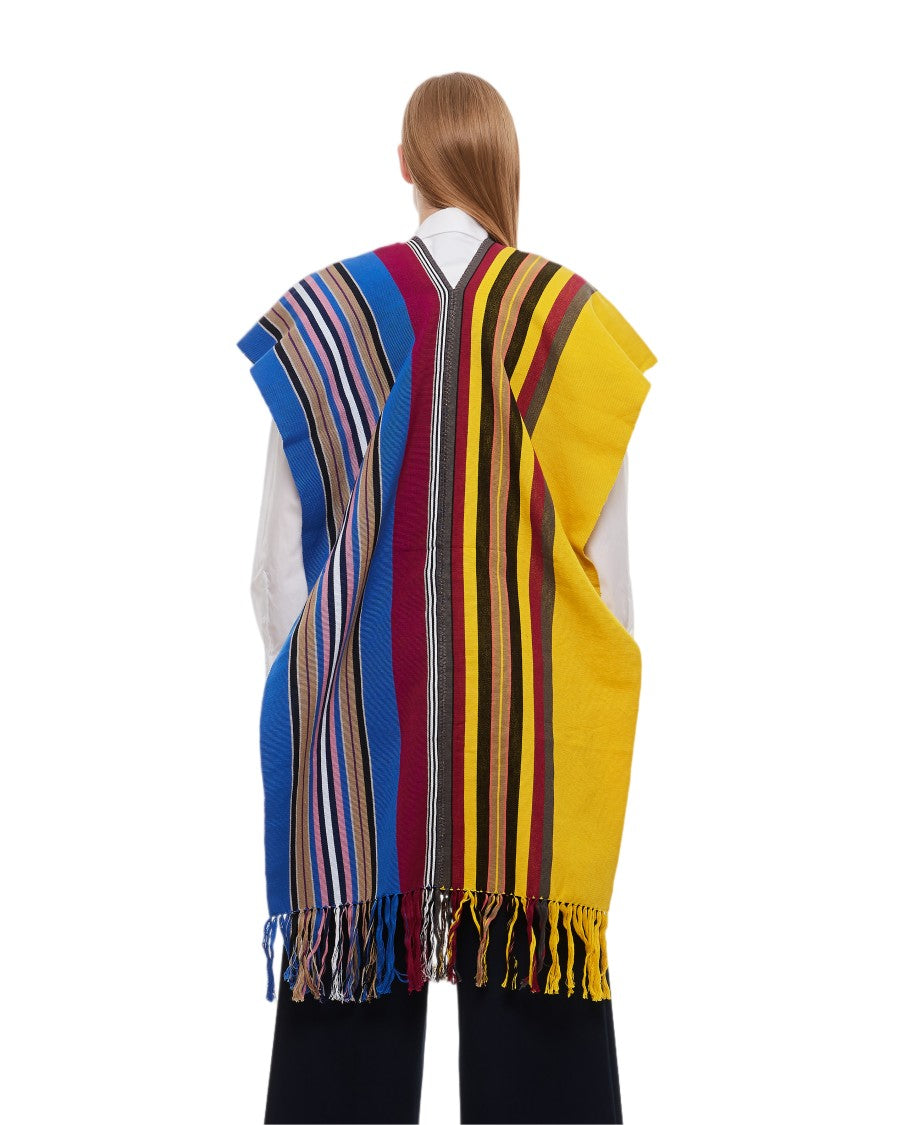 Colville Oversized Striped Cotton Poncho With Fringed Hem