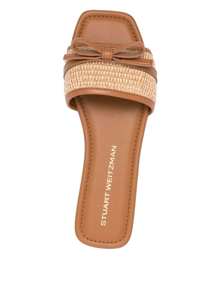 Stuart Weitzman Woven Upper Brown Sandals With Delicate Bow Accent