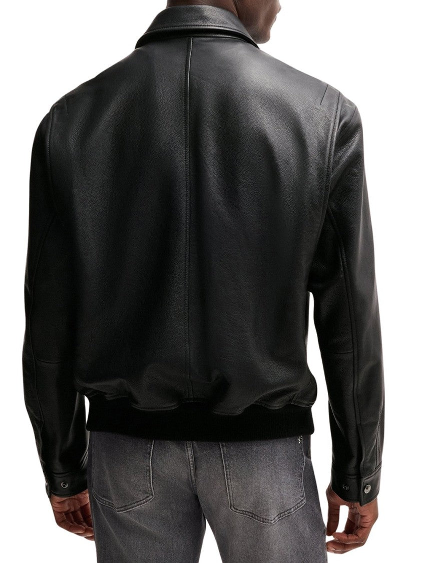 Hugo Boss Structured Black Leather Bomber Jacket With Ribbed Cuffs