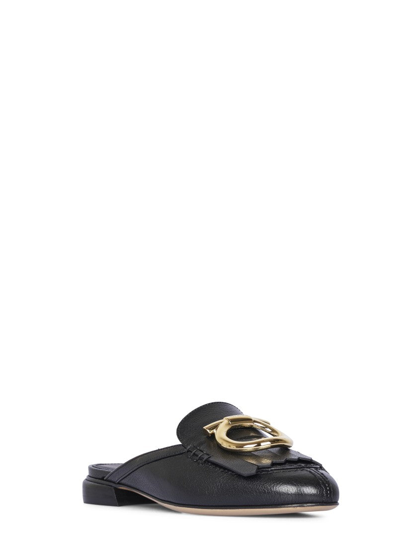 Ferragamo Textured Leather Flat Slip-On Shoes With Decorative Buckle