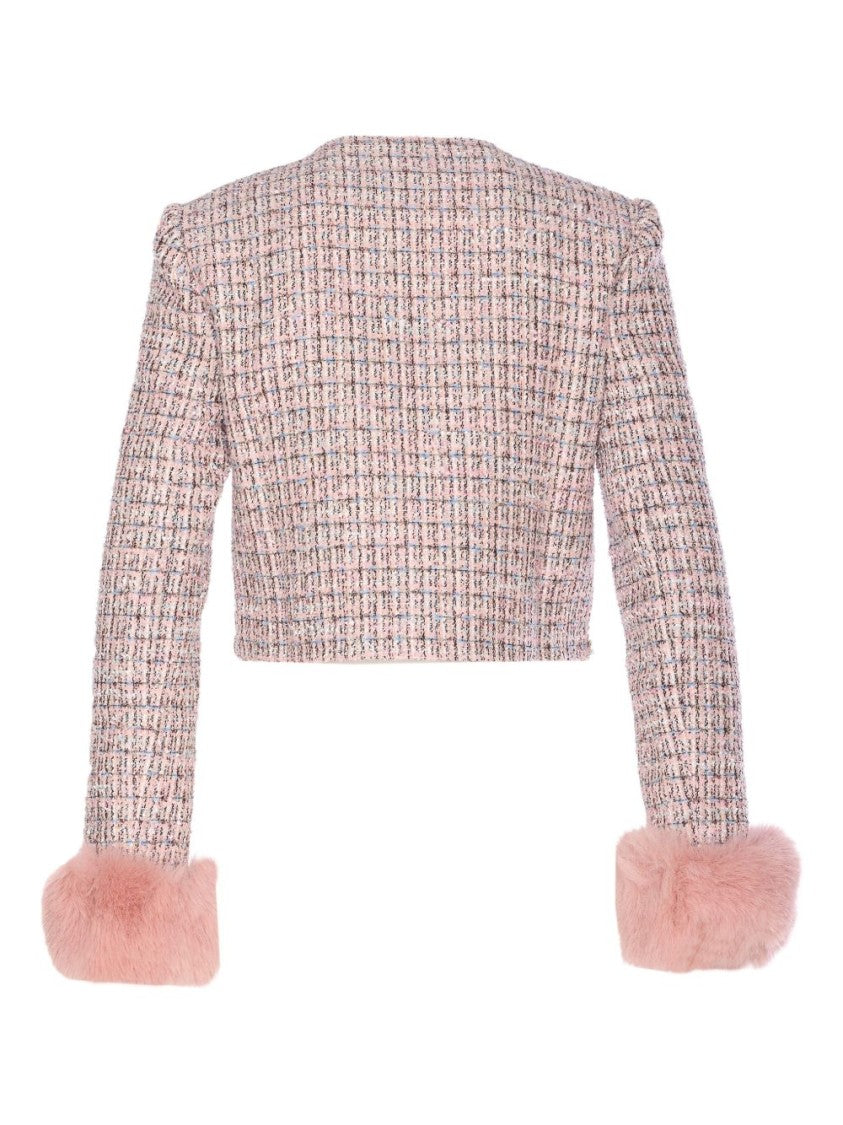 Self-Portrait Cropped Textured Tweed Jacket With Plush Cuffs