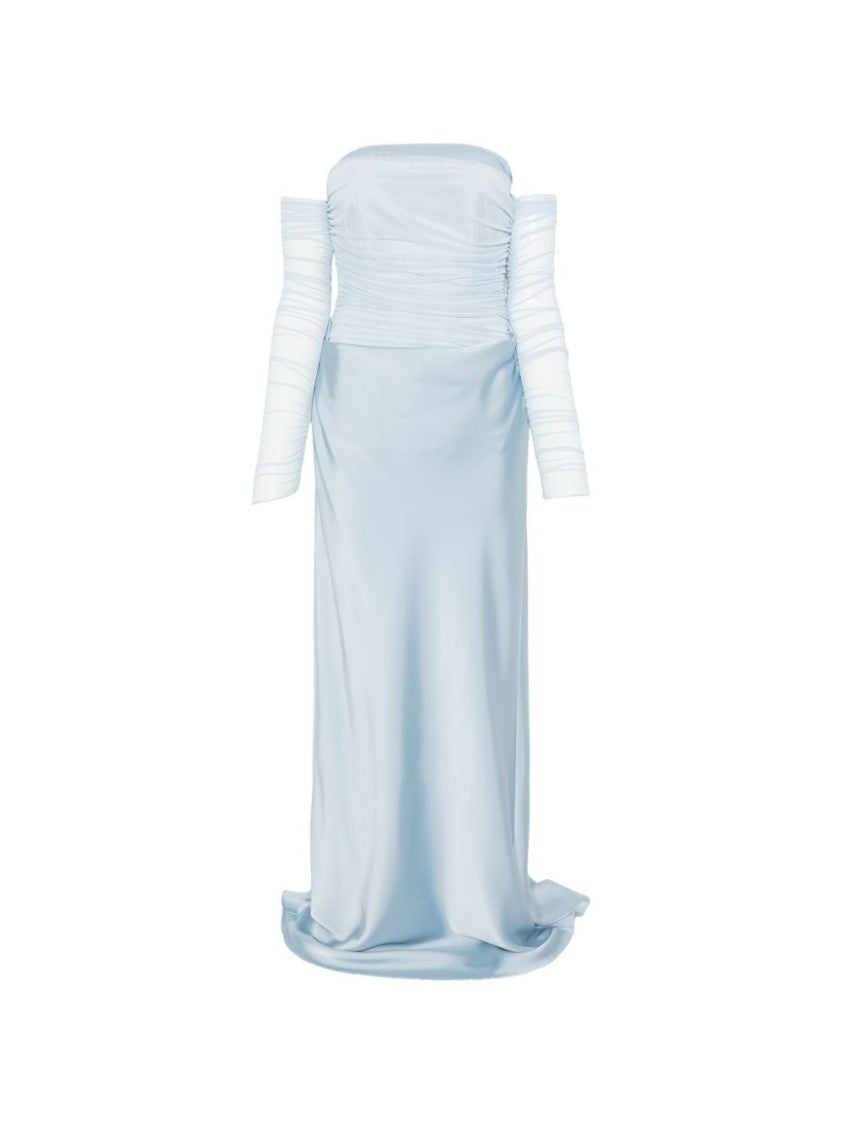 Rotate Strapless Evening Dress With Ruched Detailing And Sheer Mesh Sleeves
