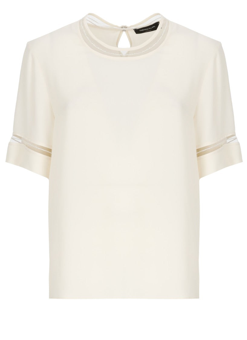 Fabiana Filippi Ivory Lightpoint Detail Silk-Blend T-Shirt