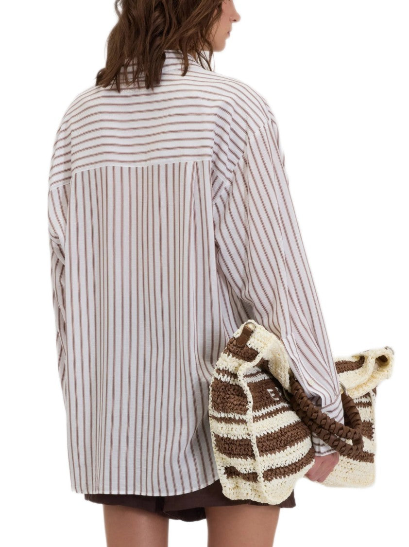 Ermanno Firenze Fluid Striped Viscose Shirt With Floral Embroidery