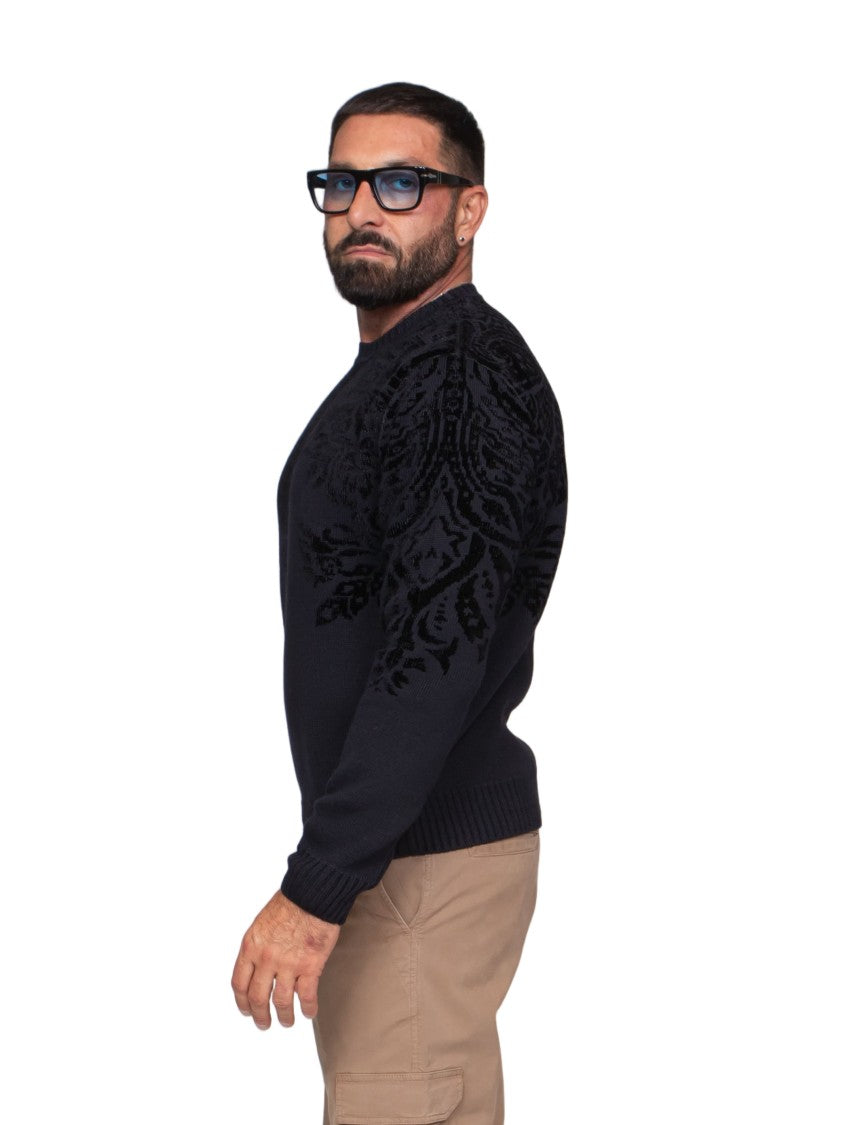 Etro Textured Black Knit Sweater With Velvet Detailing